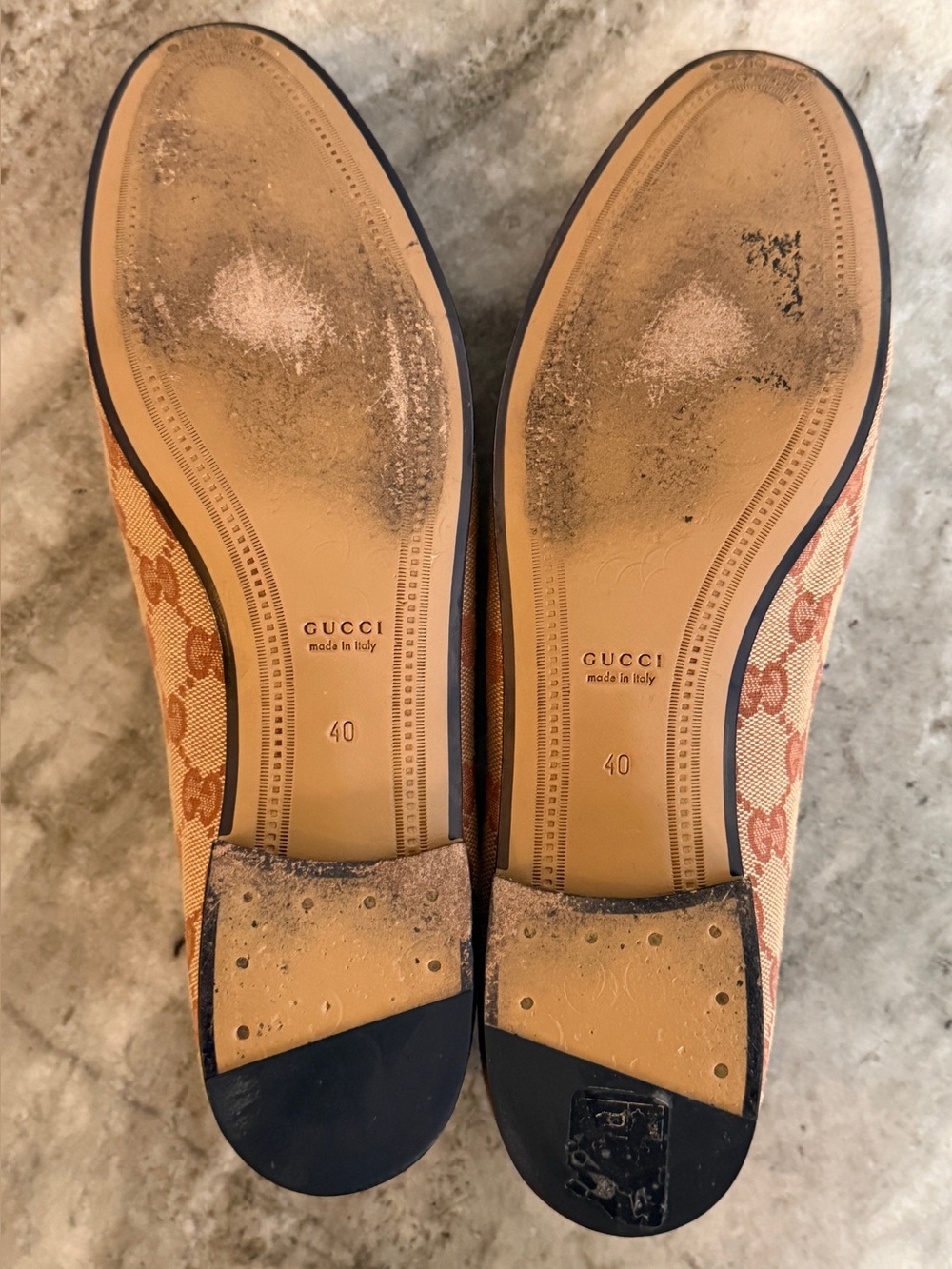 GUCCI JORDAAN HORSEBIT LOAFER BEIGE GG SIGNATURE TAN LEATHER TRIM 40 / 10 US - Picture 10 of 11